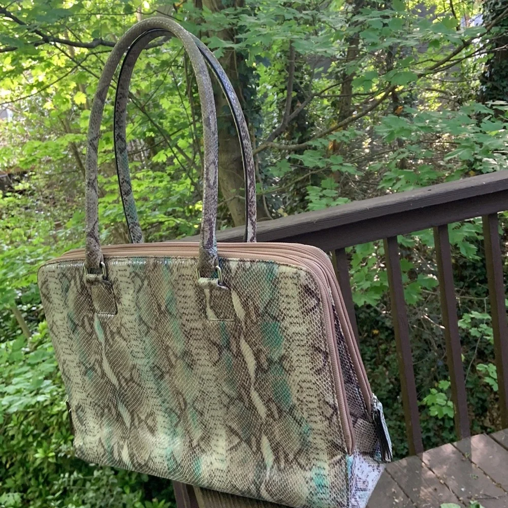 Lodis Snake-Print Laptop Bag in Cream, Brown & Teal